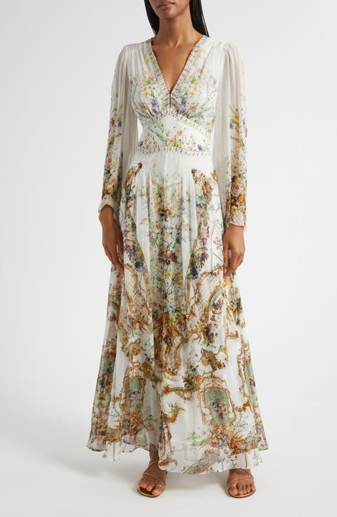 Dressing Room Drama Long Sleeve Silk Chiffon Maxi Dress
