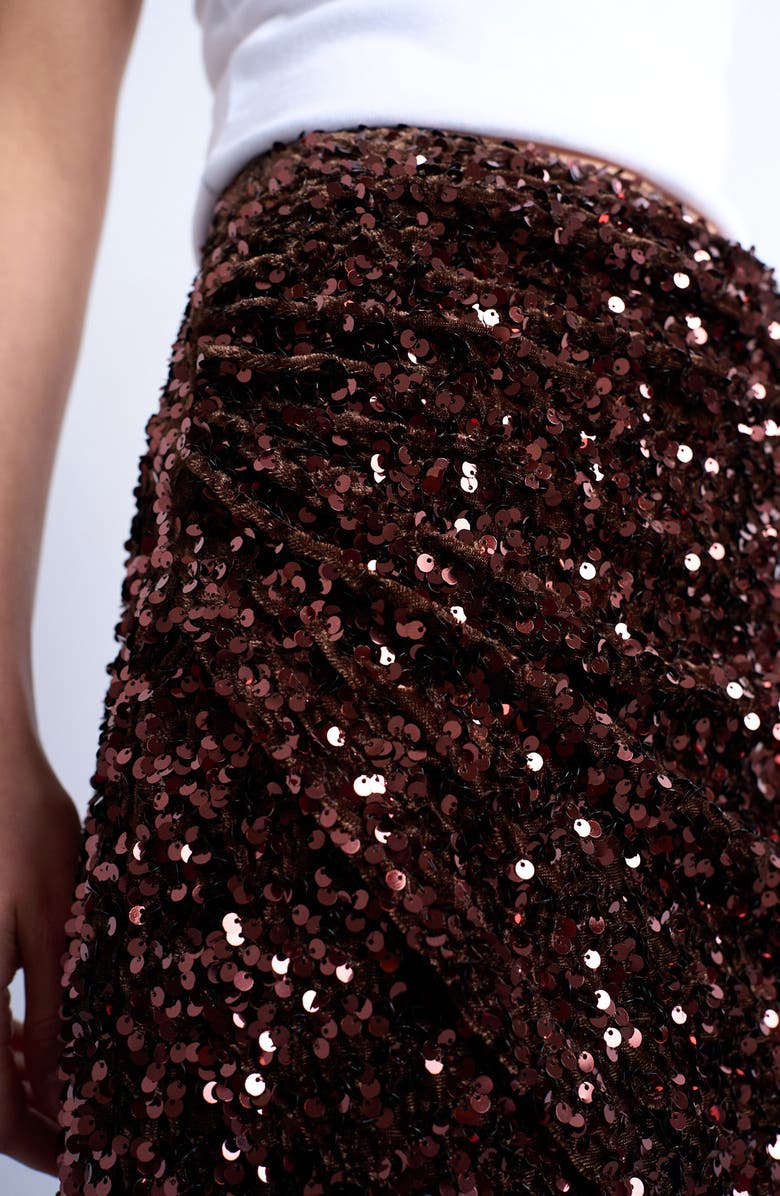 Topshop Sequin Velvet Miniskirt, Alternate, color, Brown