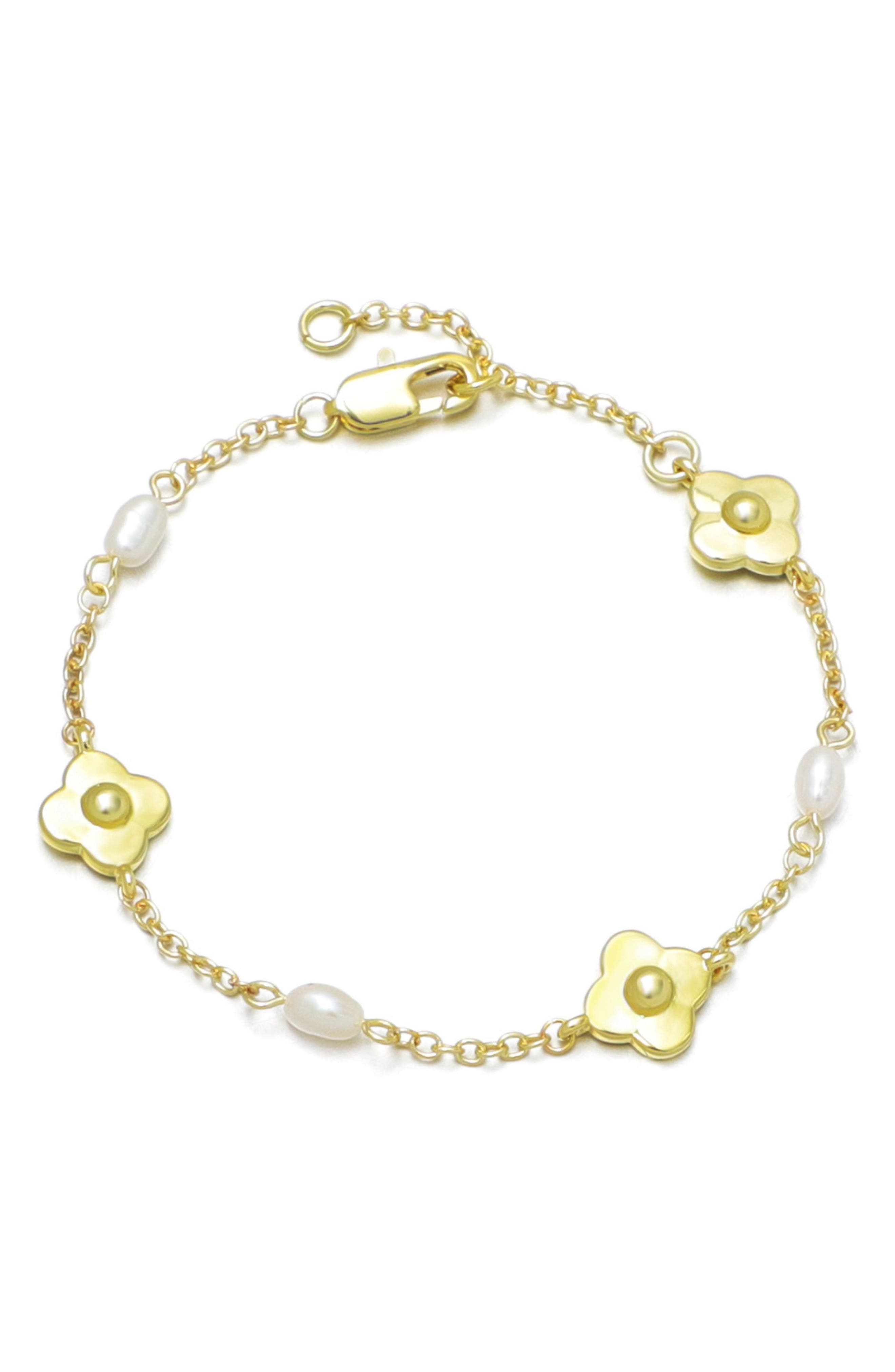 Adornia 14K Gold Plated Freshwater Pearl & Flower Station Chain Bracelet