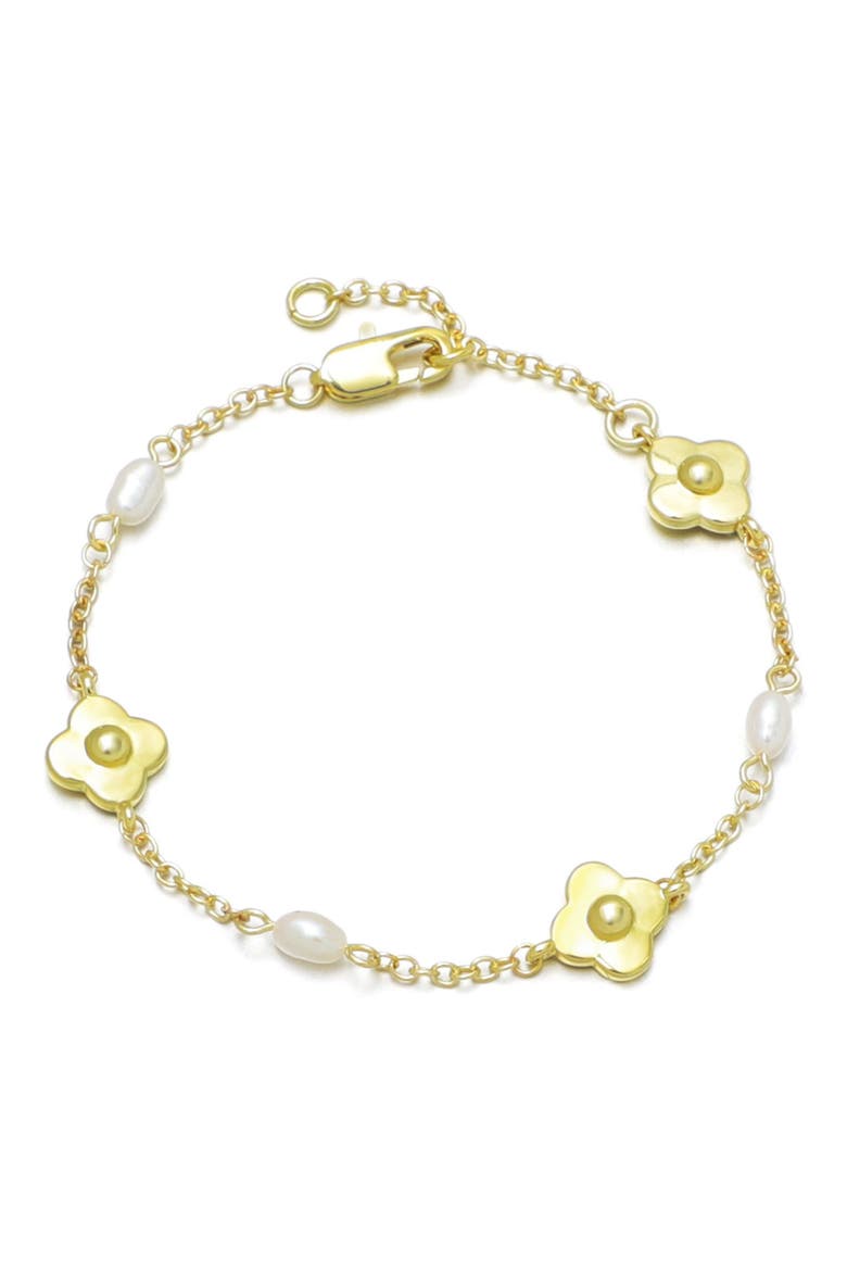 14K Gold Plated Freshwater Pearl & Flower Station Chain Bracelet, Main, color, GOLD/ WHITE