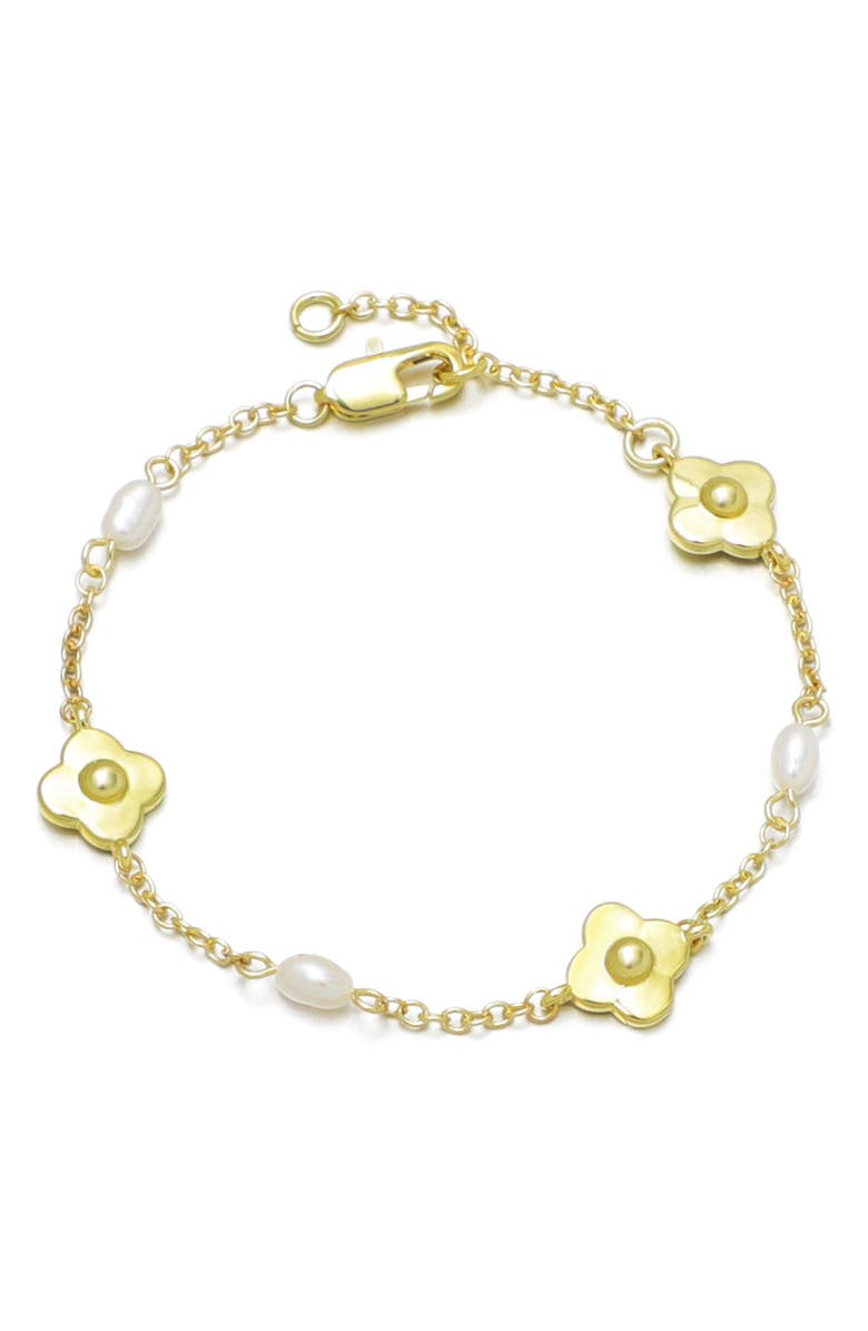 Adornia 14K Gold Plated Freshwater Pearl & Flower Station Chain Bracelet, Main, color, Gold/ White