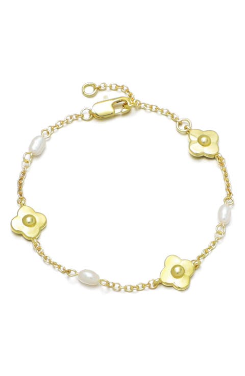 14K Gold Plated Freshwater Pearl & Flower Station Chain Bracelet