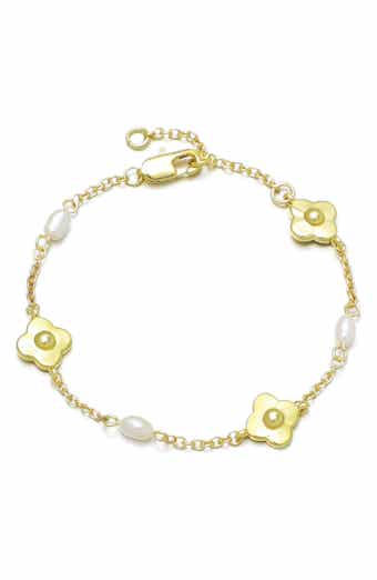 14K Gold Plated Freshwater Pearl & Flower Station Chain Bracelet