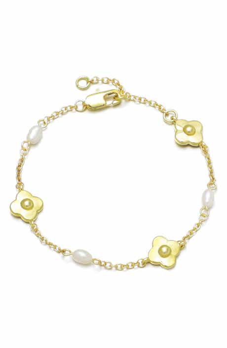 Adornia 14K Gold Plated Freshwater Pearl & Flower Station Chain Bracelet