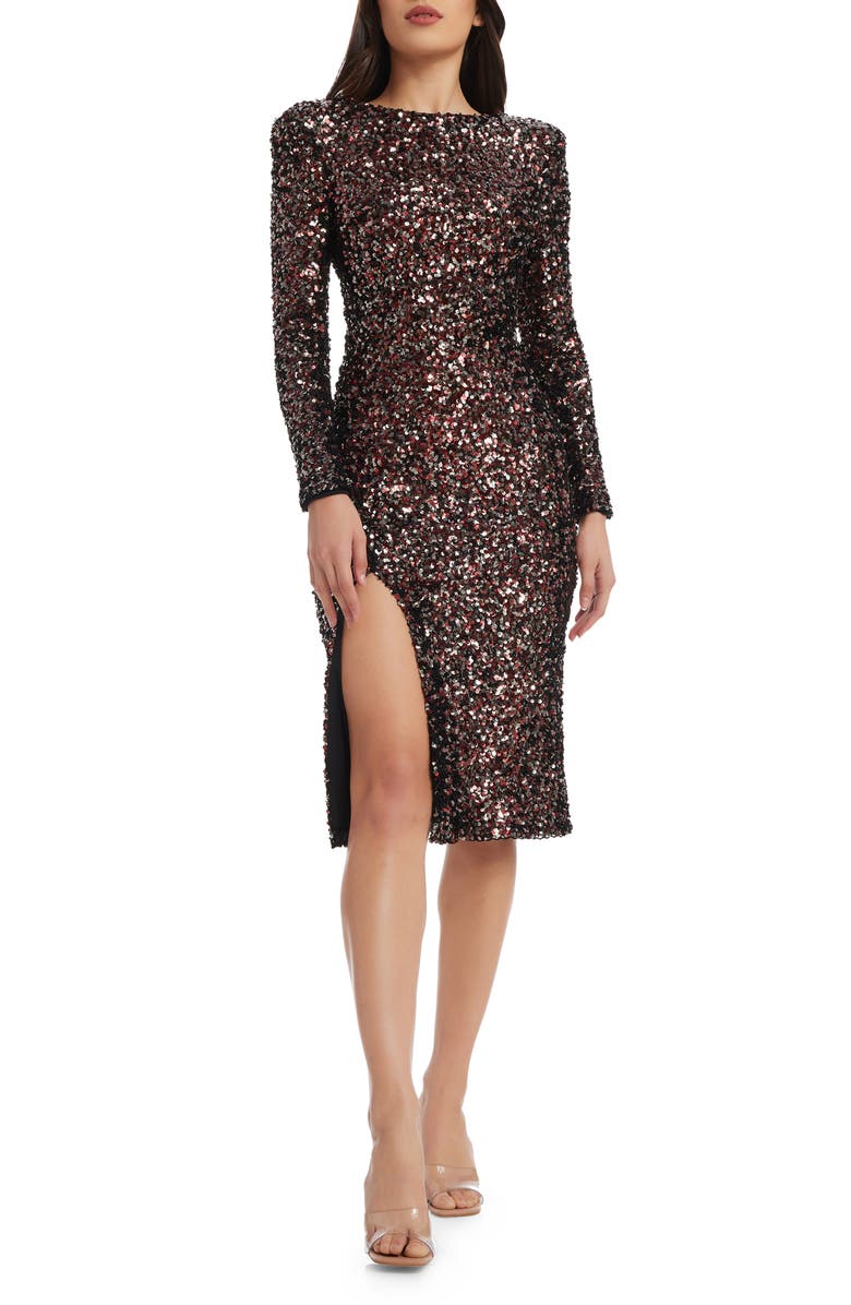 Dress the Population Natalie Sequin Long Sleeve Sheath Dress, Main, color, Gunmetal Multi