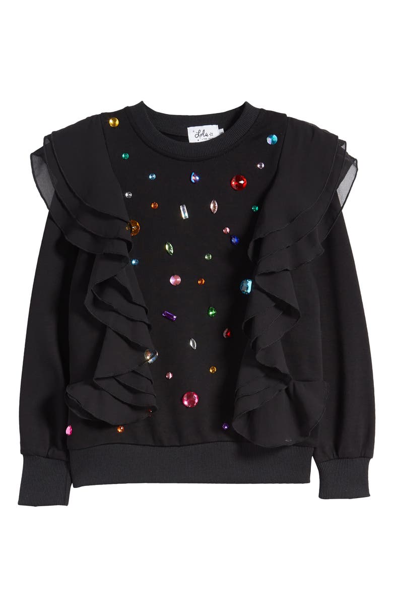 Lola + The Boys Kids' Rainbow Rhinestone Ruffle Sweatshirt, Main, color, 