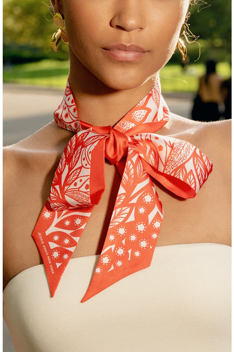 Silk Skinny Scarf Scarlet Tree of Life, Alternate, color, Red