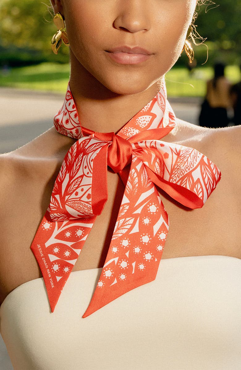 Jessie Zhao New York Silk Skinny Scarf Scarlet Tree of Life, Alternate, color, Red