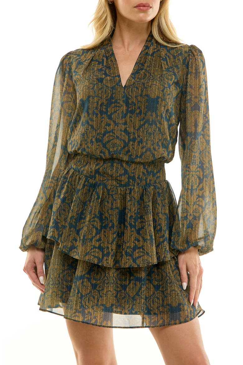 Printed Long Sleeve Chiffon Minidress, Main, color, TEAL/ GOLD