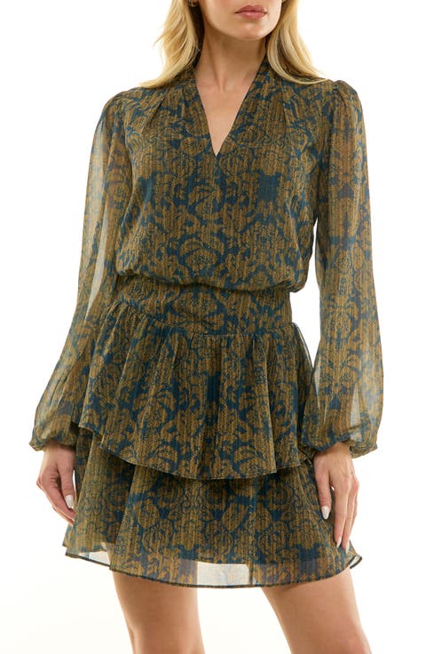 Printed Long Sleeve Chiffon Minidress