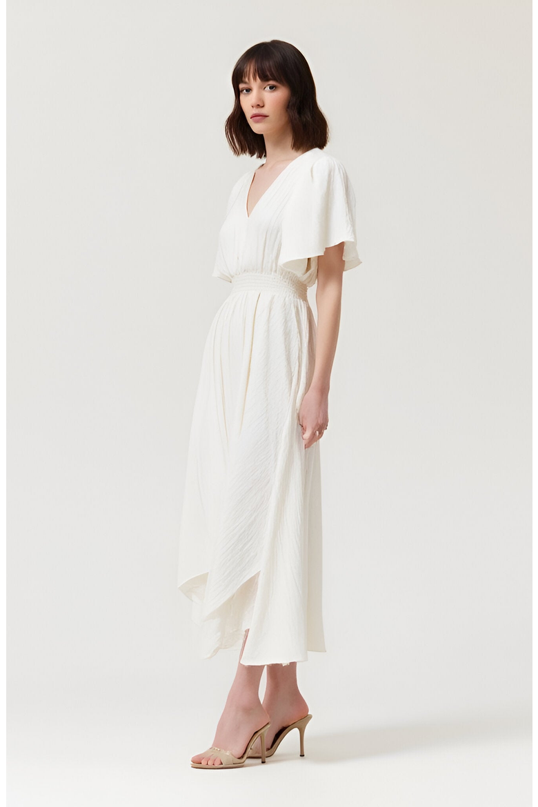 V-Neck Midi Dress with Flutter Sleeves and Handkerchief Hem, Alternate, color, White