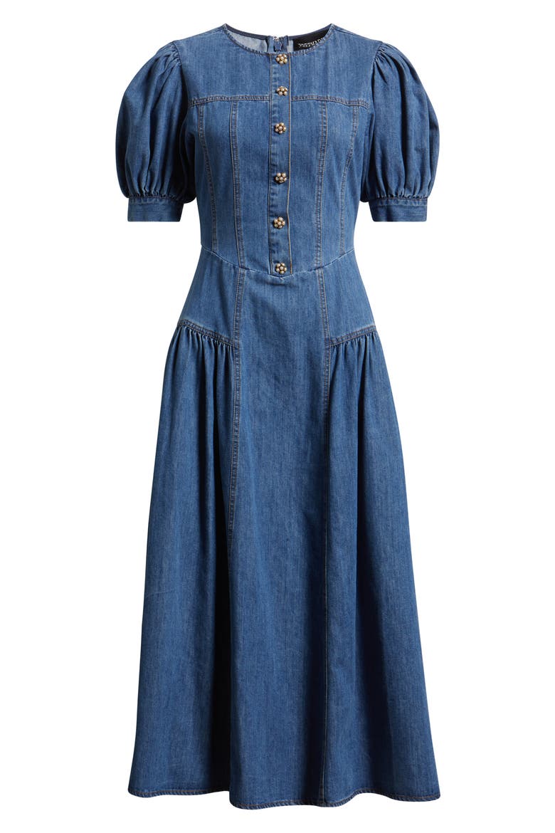 Cotton Blend Puff Sleeve Denim Midi Dress, Alternate, color, DENIM