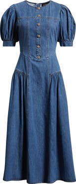 FREEMARKET Cotton Blend Puff Sleeve Denim Midi Dress