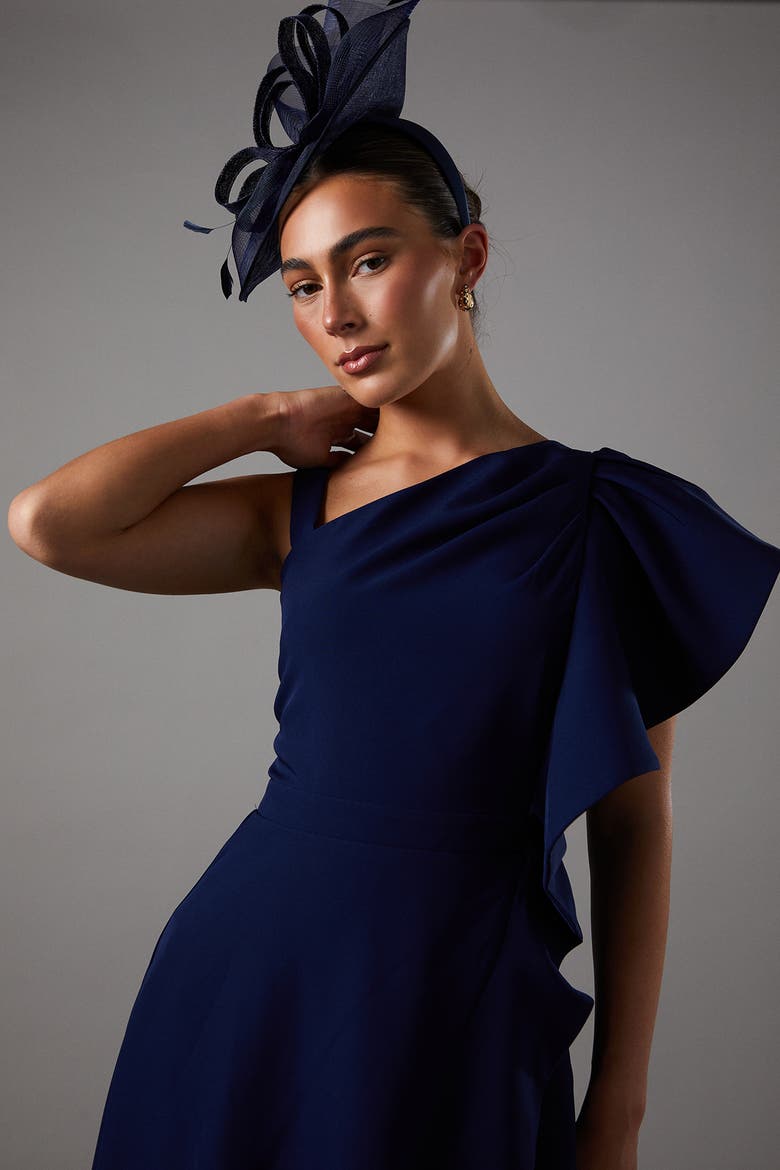 One Shoulder Crepe Ruffle Midi Dress, Alternate, color, Navy
