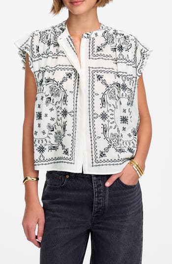 Madewell Embroidered Bandana Flutter Sleeve Top In Multi