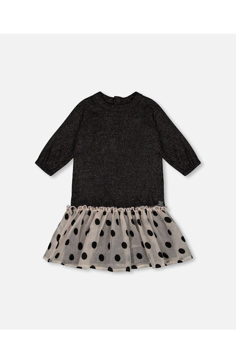 Deux par Deux Girl's Bi-Material Long Sleeve Dress With Frill Shimmering Black, Main, color, 