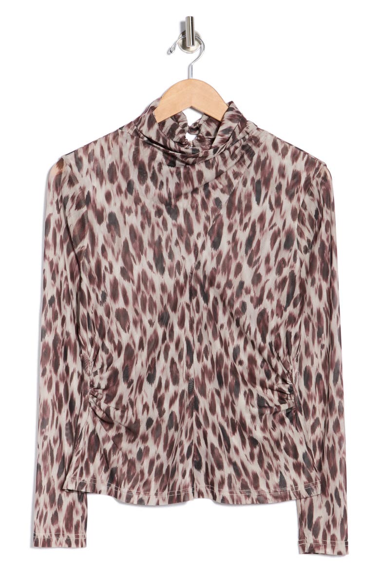 Mock Neck Long Sleeve Ruched Mesh Top, Alternate, color, STRETCHED LEOPARD