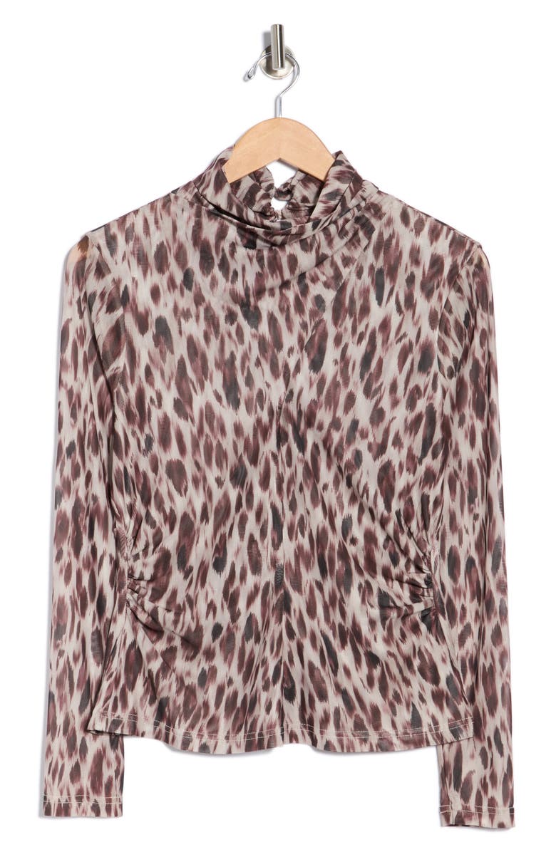 Nicole Miller Mock Neck Long Sleeve Ruched Mesh Top, Alternate, color, Stretched Leopard