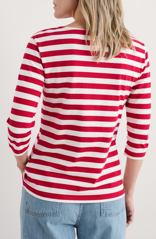 Seasalt Cornwall Sailor Stripe Three Quarter Sleeve Organic Cotton T-shirt In Scallion Scarlet