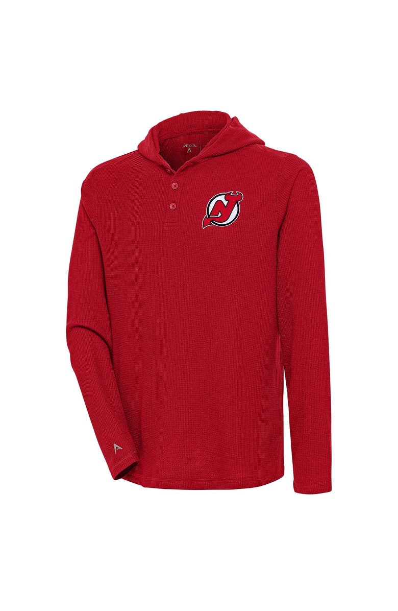 ANTIGUA Men's Antigua  Red New Jersey Devils Strong Hold Long Sleeve Henley Hoodie T-Shirt, Main, color, 