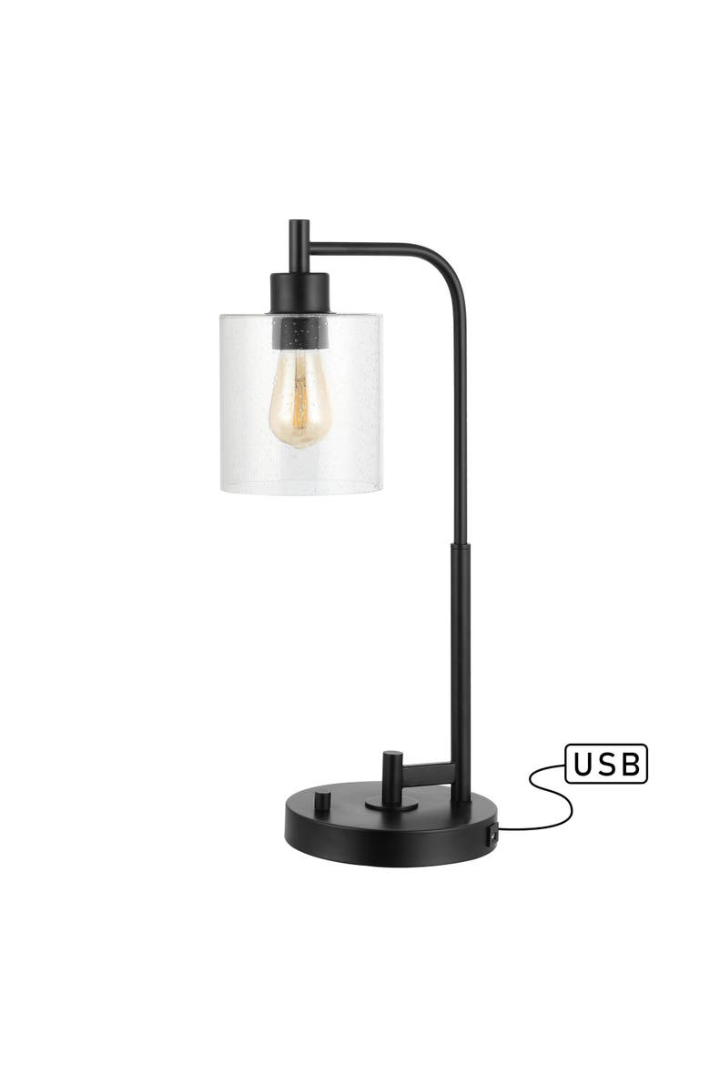 Axel Modern 23" Iron/Seeded Glass Farmhouse Industrial USB Charging LED Task Lamp, Black, Main, color, Black