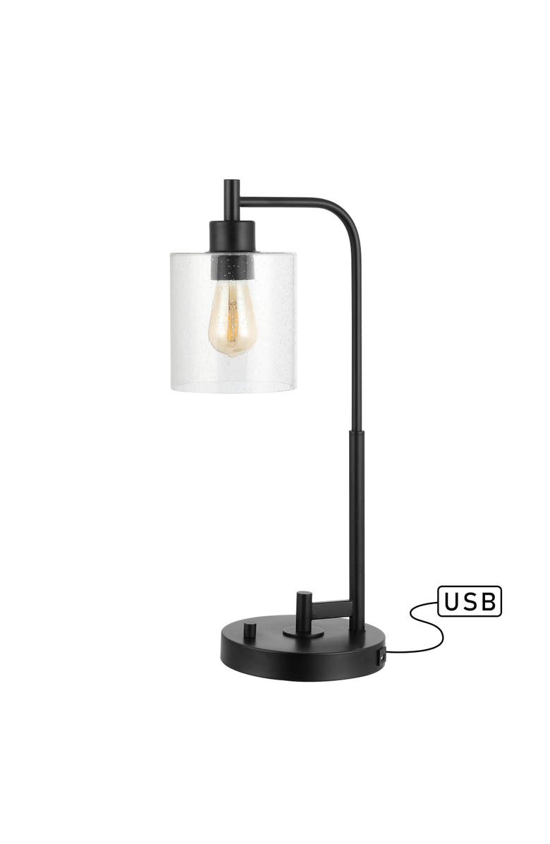 JONATHAN Y Axel Modern 23" Iron/Seeded Glass Farmhouse Industrial USB Charging LED Task Lamp, Black, Main, color, Black