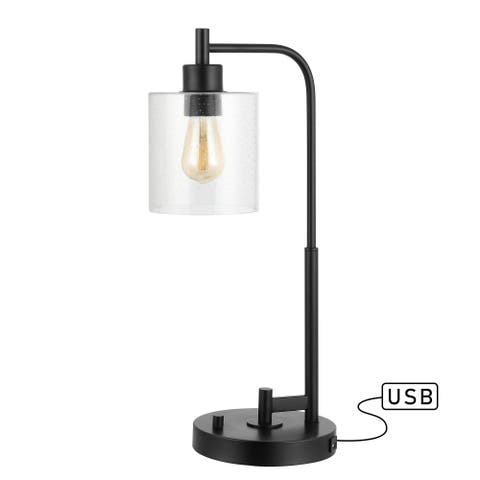 Axel Modern 23" Iron/Seeded Glass Farmhouse Industrial USB Charging LED Task Lamp, Black