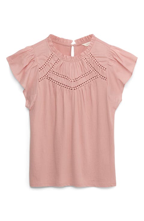 Circle Trim Flutter Sleeve Cotton Top