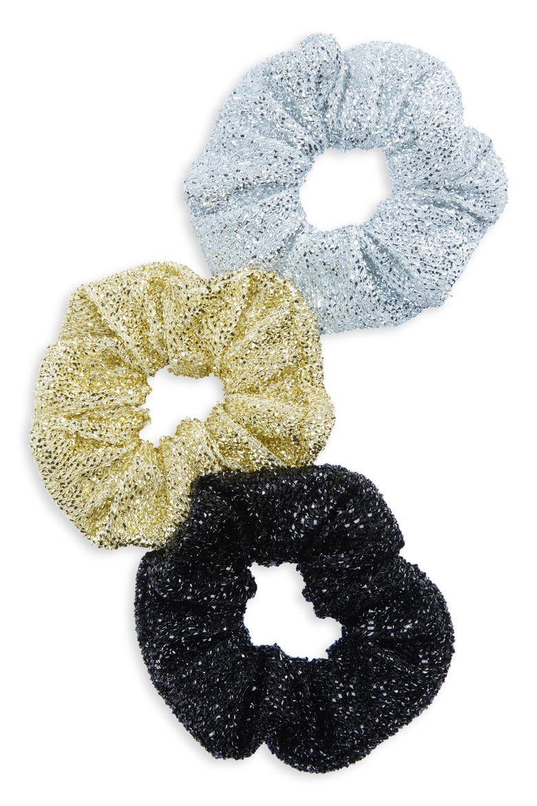 Kids' Set of 3 Sparkle Scrunchies, Main, color, SILVER MULTI
