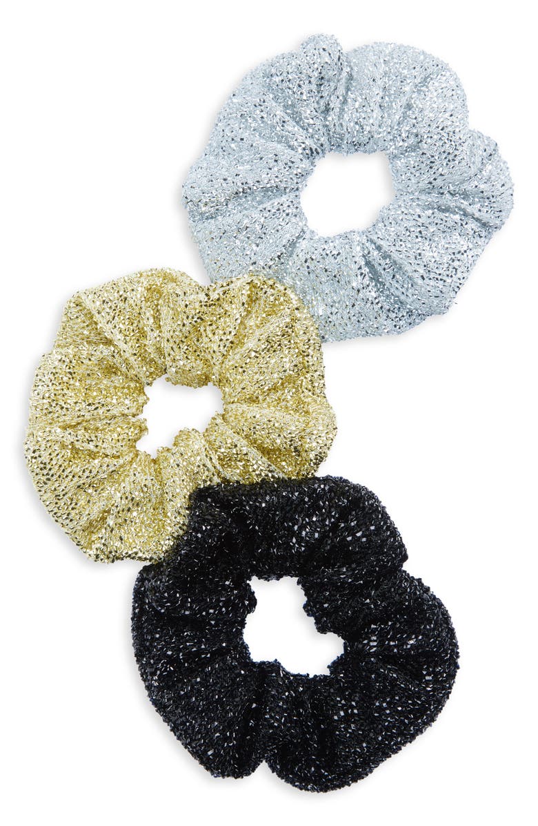 Cara Kids' Set of 3 Sparkle Scrunchies, Main, color, Silver Multi