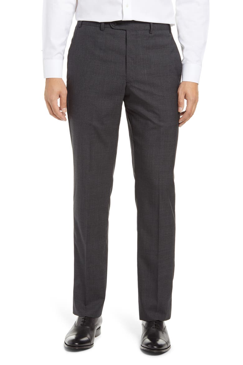Torino Flat Front Glen Plaid Wool Pants, Main, color, BLACK CAVIAR GLEN PLAID