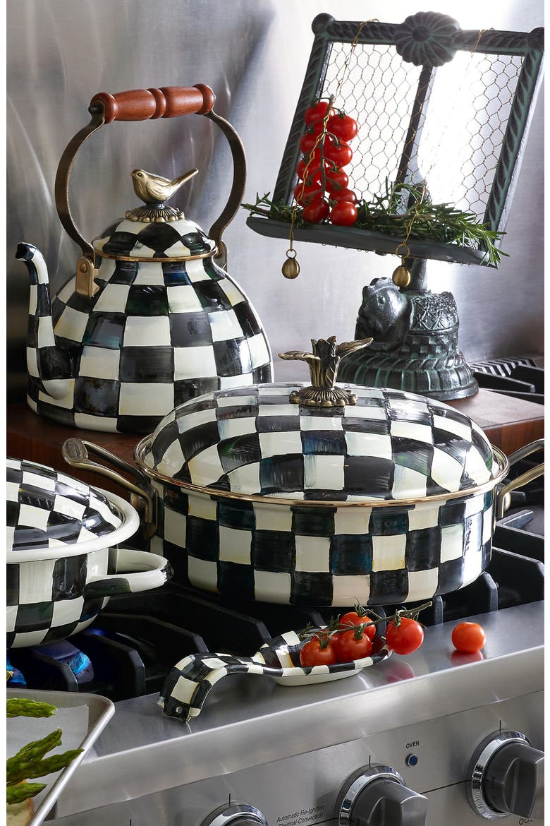 Courtly Check Enameled Steel 3-Quart Tea Kettle with Bird, Alternate, color, BLACK/ WHITE