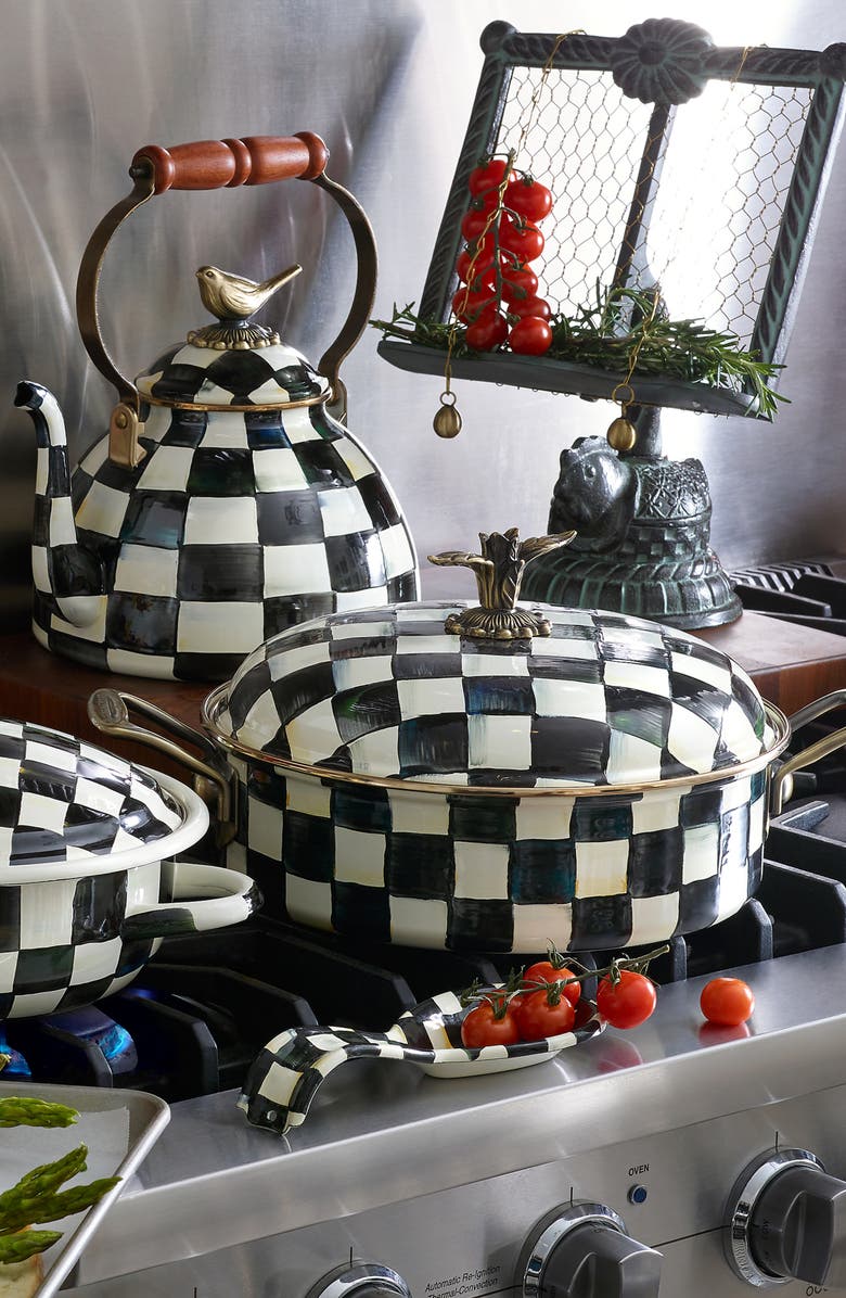 MACKENZIE CHILDS Courtly Check Enameled Steel 3-Quart Tea Kettle with Bird, Alternate, color, 