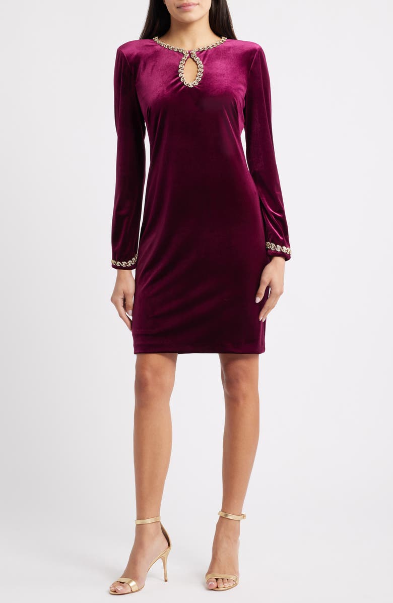 Vince Camuto Beaded Keyhole Long Sleeve Velvet Dress, Main, color, Wine