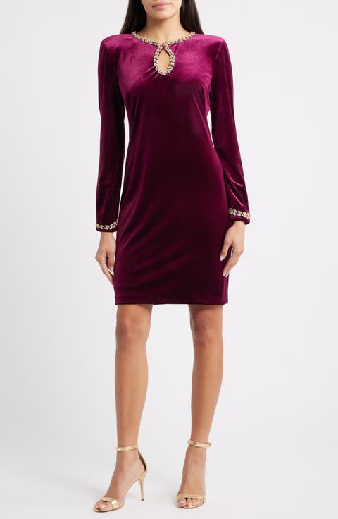 Beaded Keyhole Long Sleeve Velvet Dress