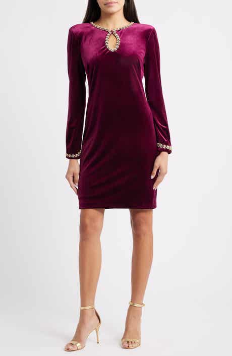 Vince Camuto Beaded Keyhole Long Sleeve Velvet Dress