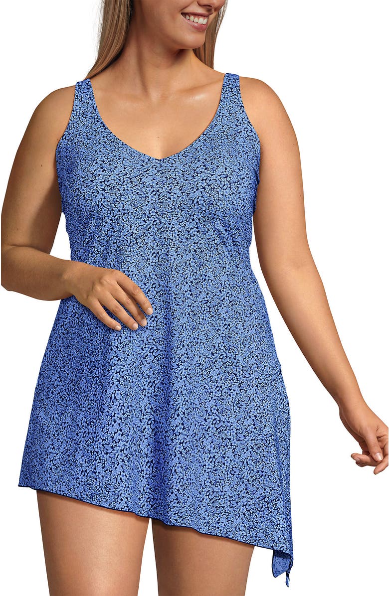 Lands' End Slender Suit Fauxkini One Piece Swimsuit, Alternate, color, Cloud Blue/Navy Ditsy Lilies