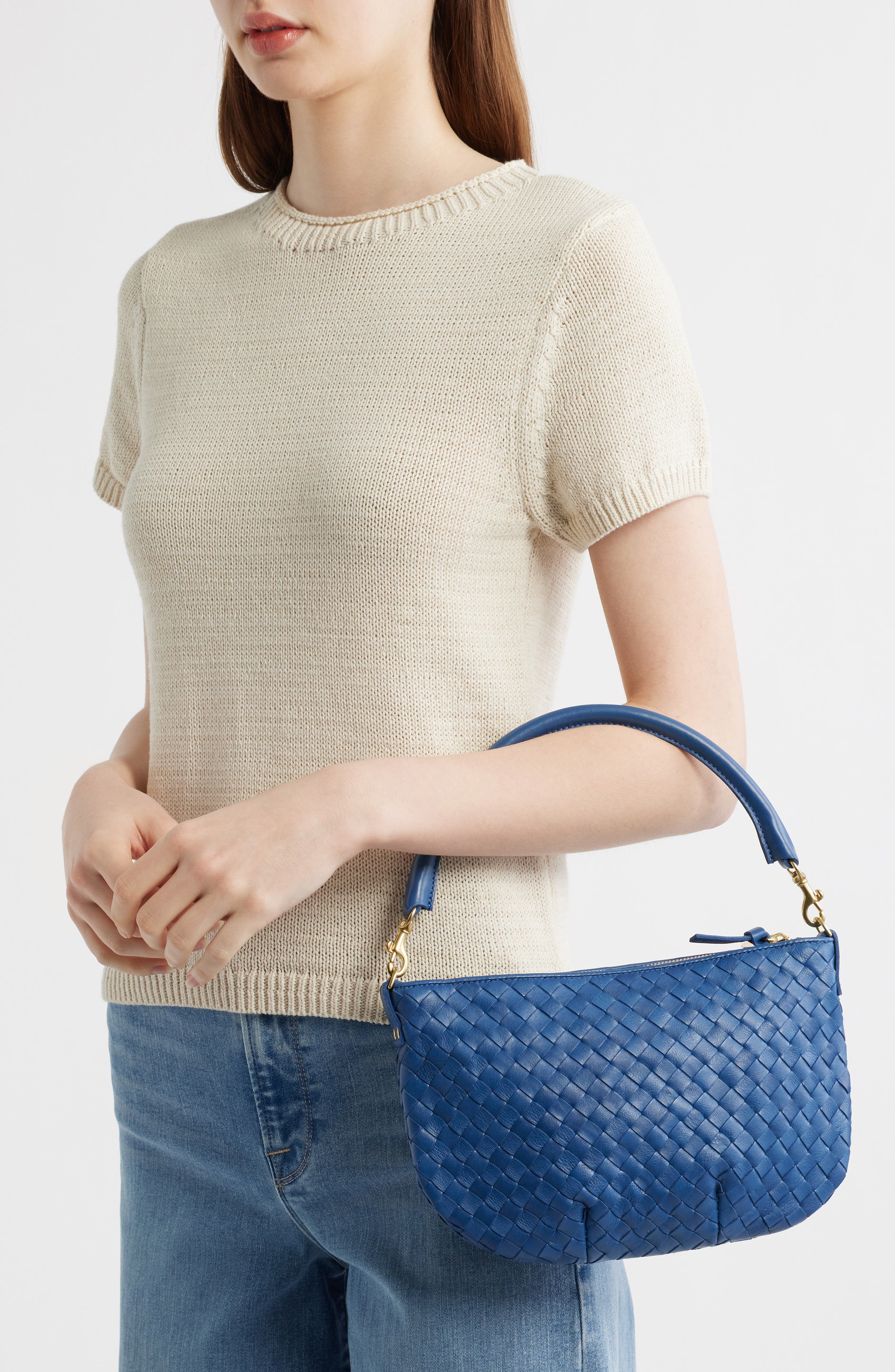 Clare V. Medium Petit Moyen Woven Leather Messenger Bag, Alternate, color, French Blue