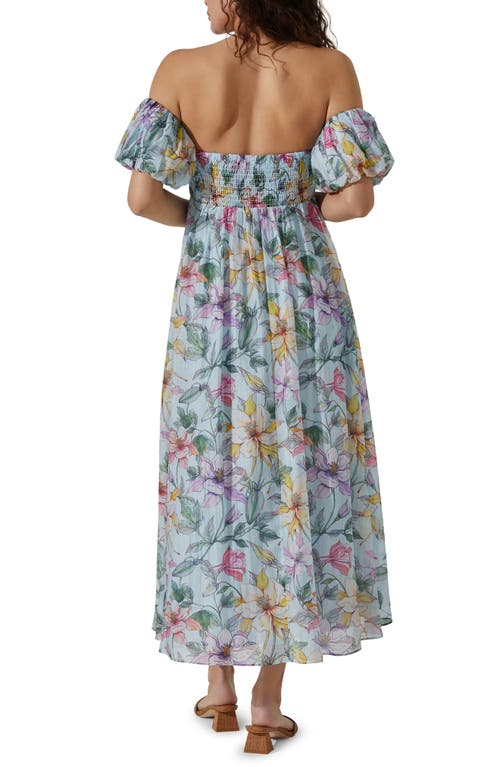 Astr The Label Floral Off The Shoulder Midi Dress In Blue Multi Tropical