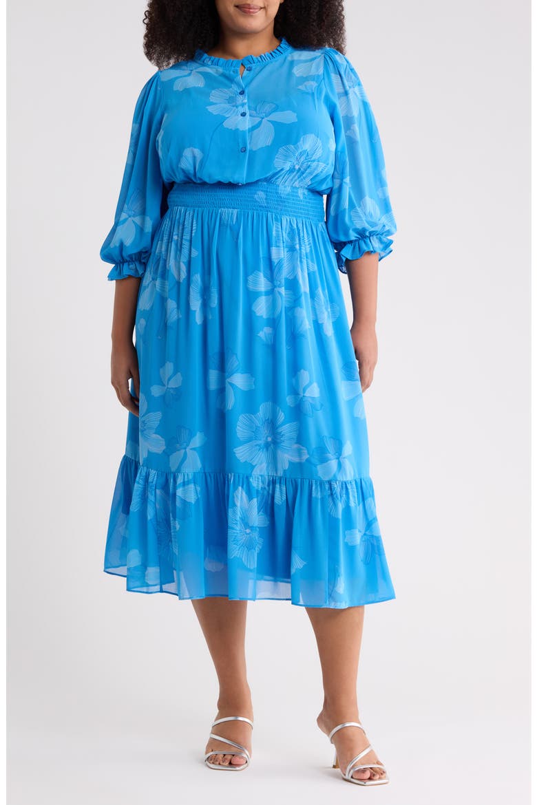 Surf Blossom Irene Smocked Midi Dress, Main, color, BLUE WHITE