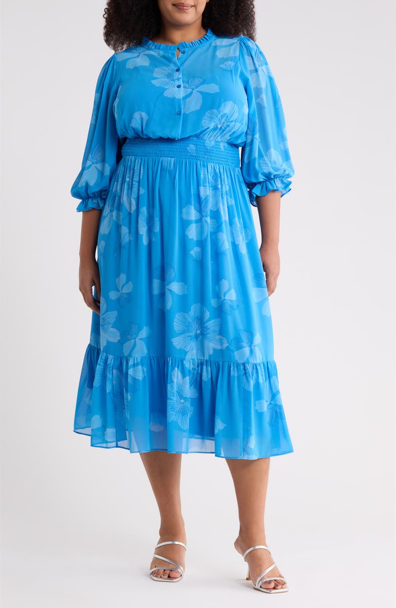 SUGARLIPS Surf Blossom Irene Smocked Midi Dress, Main, color, Blue White