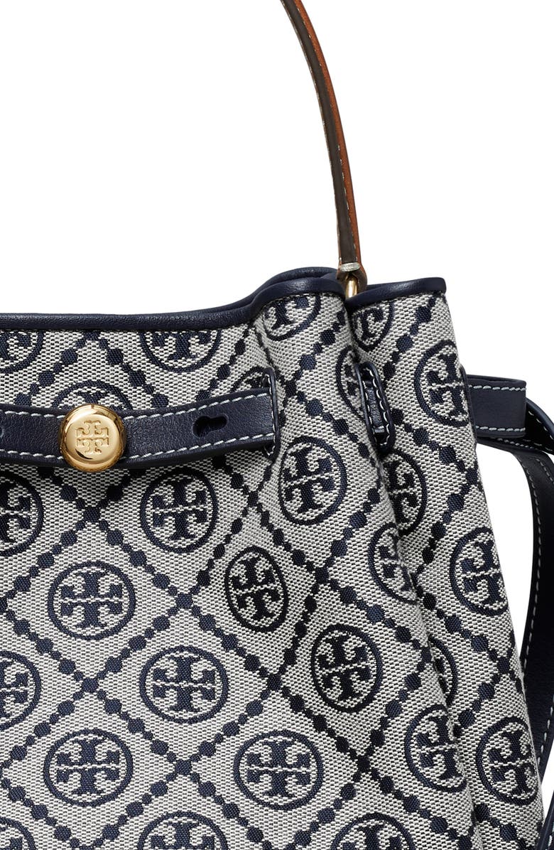Tory Burch Romy T Monogram Jacquard & Leather Bucket Bag, Alternate, color, Tory Navy