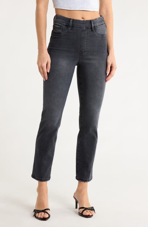 Power Stretch Pull-On High Waist Ankle Straight Leg Jeans (Black 225)