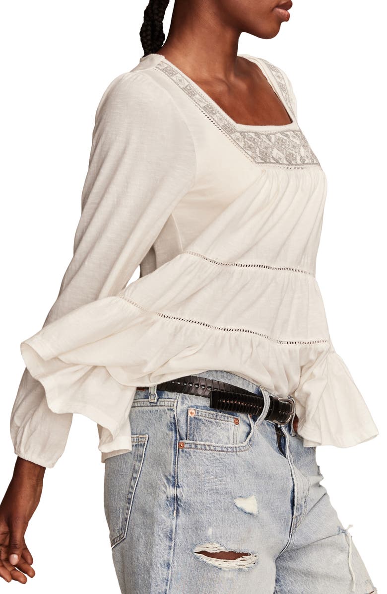 Lucky Brand Embroidered Ruffle Cotton Peasant Top, Alternate, color, Whisper White