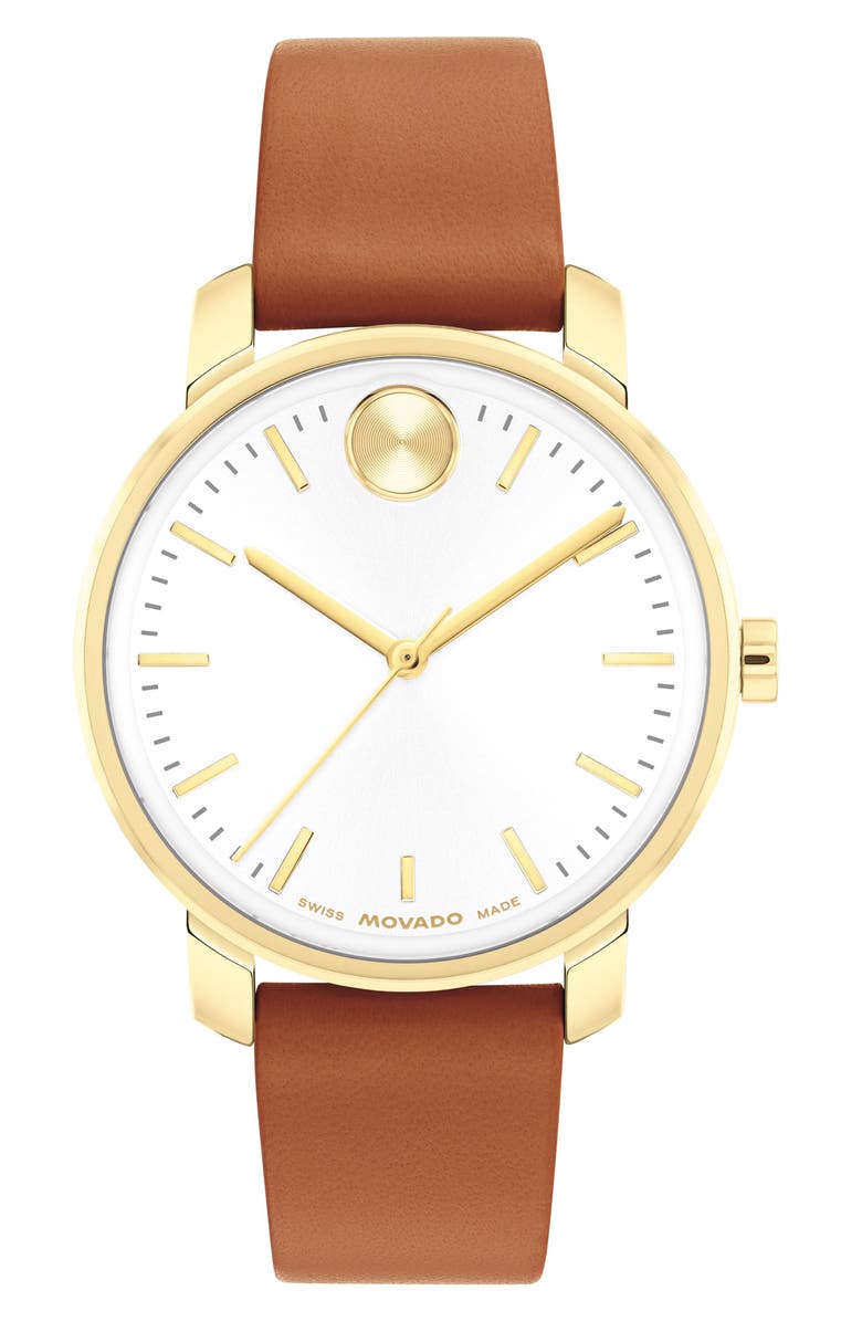 Movado Bold Access Leather Strap Watch, 34mm, Main, color, Silver Dial