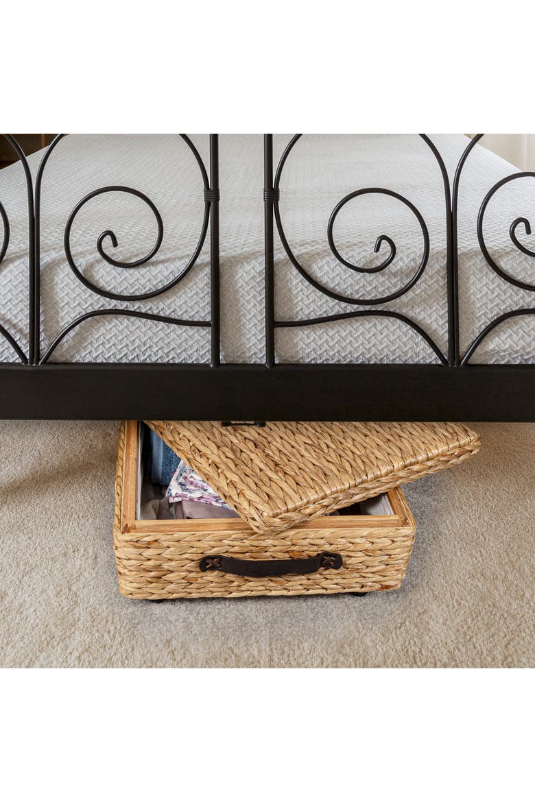 Chett Minimalist Hand-Woven Hyacinth/Wood Underbed Storage Bin with Wheels and Handles, Alternate, color, Natural