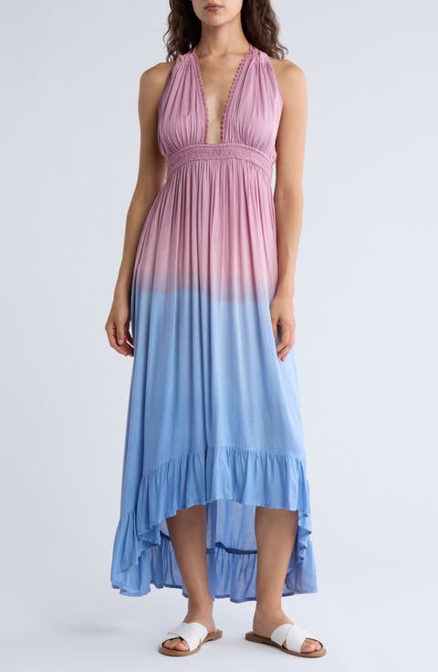 Open Back Plunge Neck Ombré Halter Dress