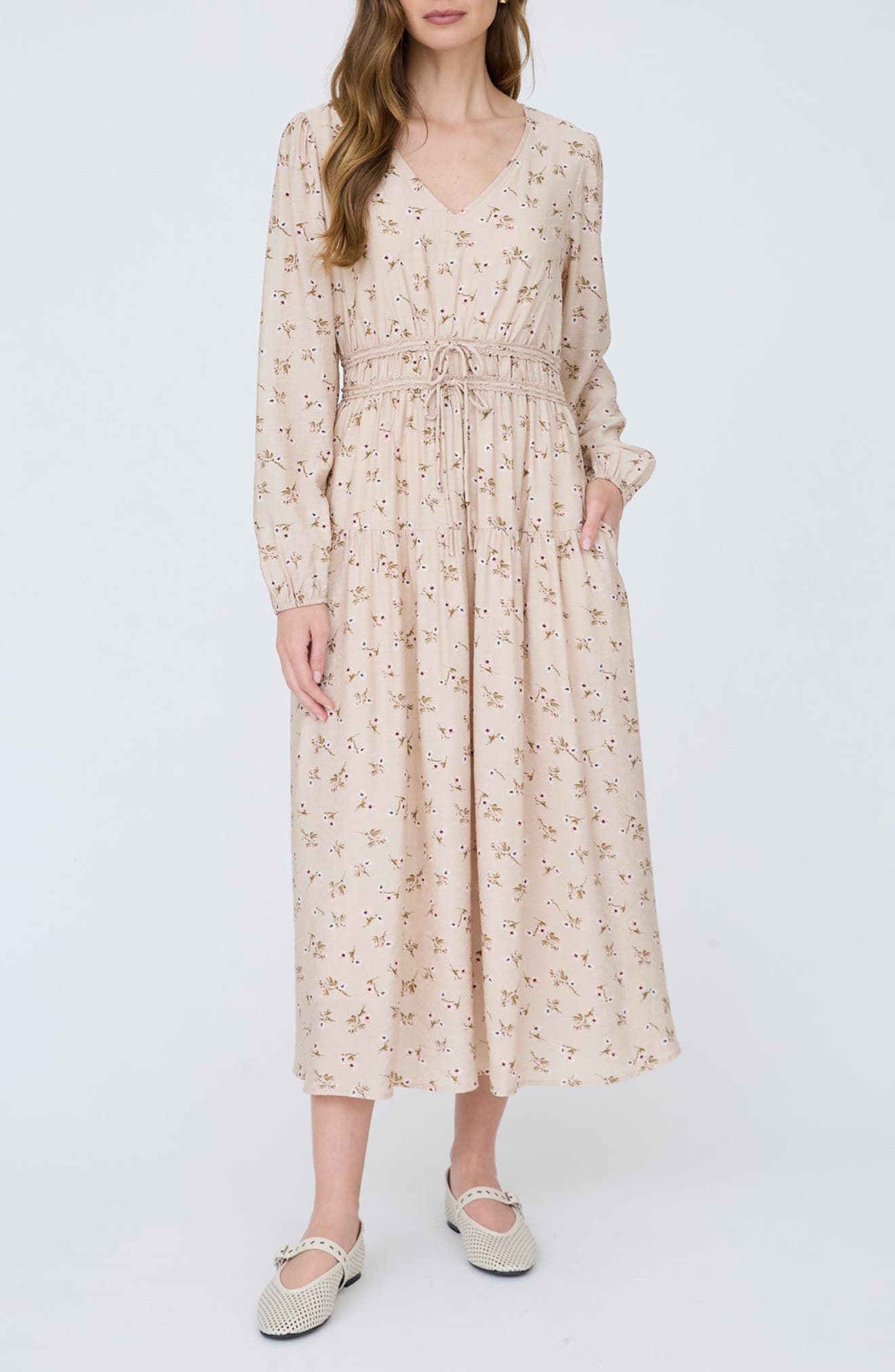 Ditsy Floral Print Long Sleeve Midi Dress