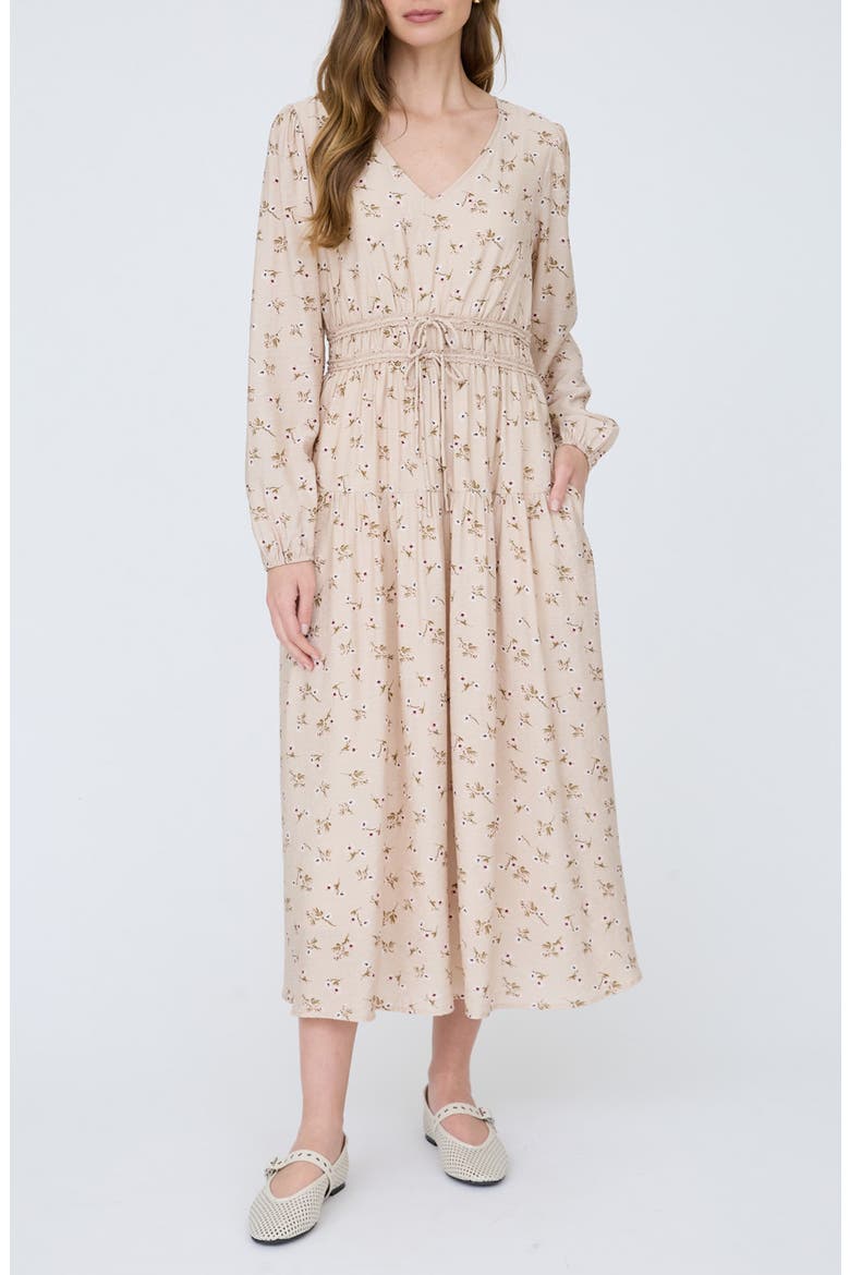 Ditsy Floral Print Long Sleeve Midi Dress, Main, color, BEIGE