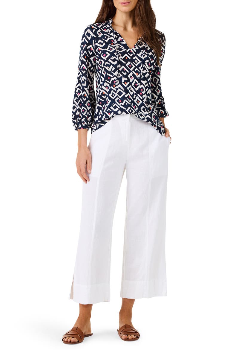 Indigo Angles Split Neck Linen Blend Top, Alternate, color, INDIGO MULTI